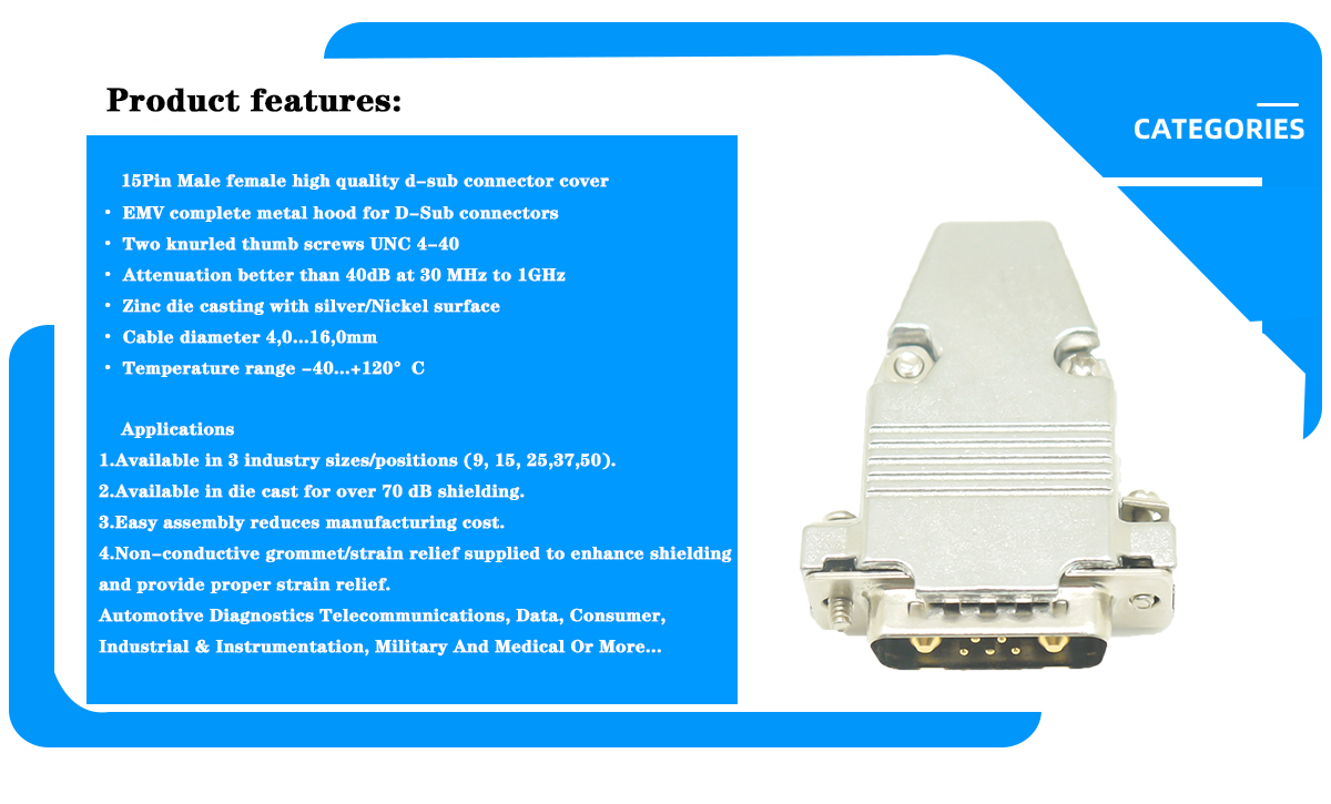 D-SUB 15p 26p 5W5 4W4 7W2 connector zinc alloy plated nickel metal hood